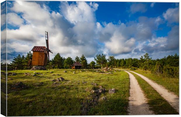 Wooden windmill and a rural road.  Canvas Print by Alexey Rezvykh