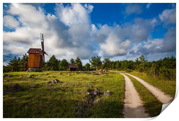 Wooden windmill and a rural road.  Print by Alexey Rezvykh