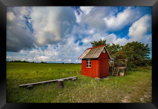 Small wooden red house in field or meadow and beau Framed Print by Alexey Rezvykh