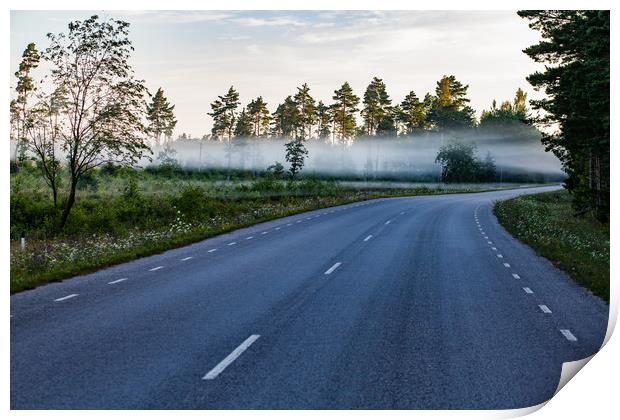 Morning fog on the road Print by Alexey Rezvykh