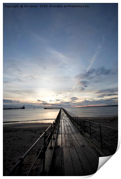 Sunrise at the end of the Old Wooden Pier Print by Jim Jones