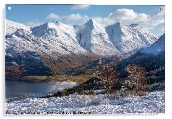 Five Sisters of Kintail Snow Scene, Scotland. Acrylic by Barbara Jones