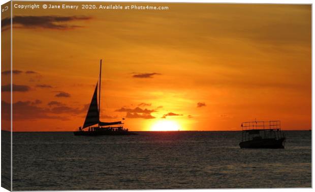 Sailing away in the Sunset, Holetown, Barbados Canvas Print by Jane Emery