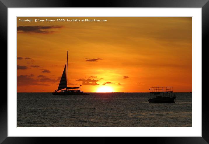 Sailing away in the Sunset, Holetown, Barbados Framed Mounted Print by Jane Emery