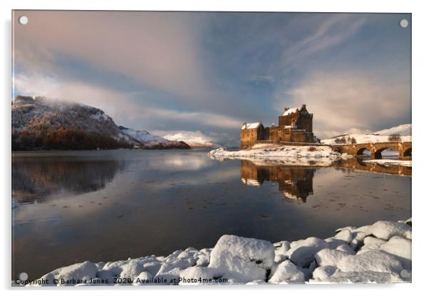 Eilean Donan Castle Winter Wonderland Acrylic by Barbara Jones