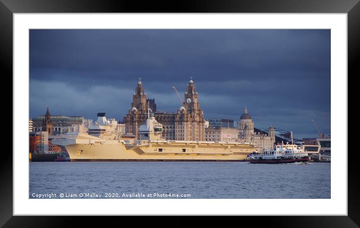 Mersey Ferry and the HMS Prince of Wales Framed Mounted Print by Liam Neon