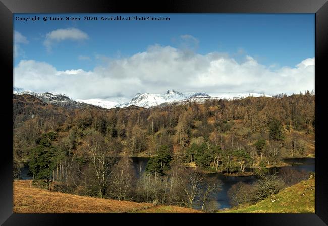 Tarn Hows and the Langdale Pikes Framed Print by Jamie Green