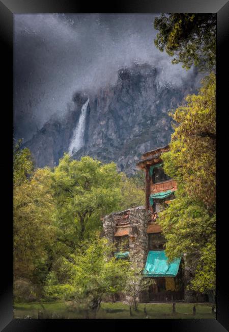 Painted Ahwahnee Hotel with Yosemite Falls Framed Print by Gareth Burge Photography