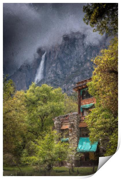 Painted Ahwahnee Hotel with Yosemite Falls Print by Gareth Burge Photography