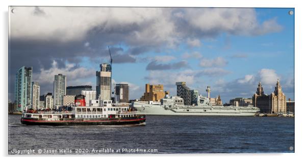 Mersey Ferry and HMS Prince of Wales Acrylic by Jason Wells