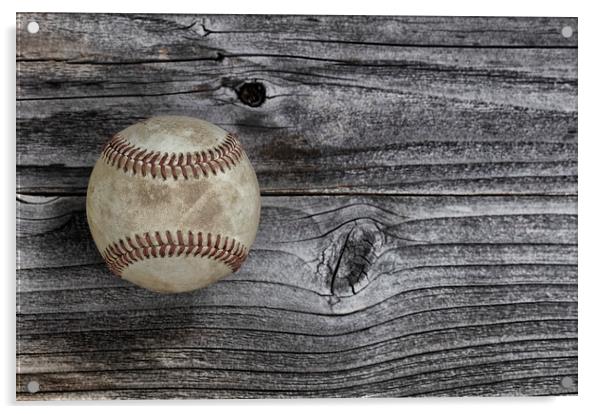 Single used baseball on vintage wooden background. Acrylic by Thomas Baker