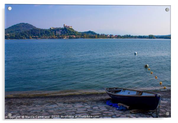 Boat moored on lake Maggiore against sky Acrylic by Marzia Camerano