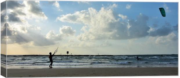 Kiteboarding, also known as kitesurfing in Tel Avi Canvas Print by M. J. Photography