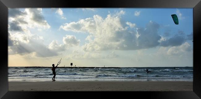 Kiteboarding, also known as kitesurfing in Tel Avi Framed Print by M. J. Photography