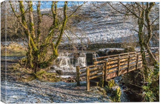 Ettersgill Beck Waterfall and Footbridge in Winter Canvas Print by Richard Laidler