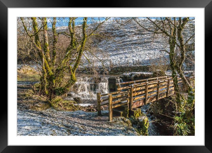 Ettersgill Beck Waterfall and Footbridge in Winter Framed Mounted Print by Richard Laidler