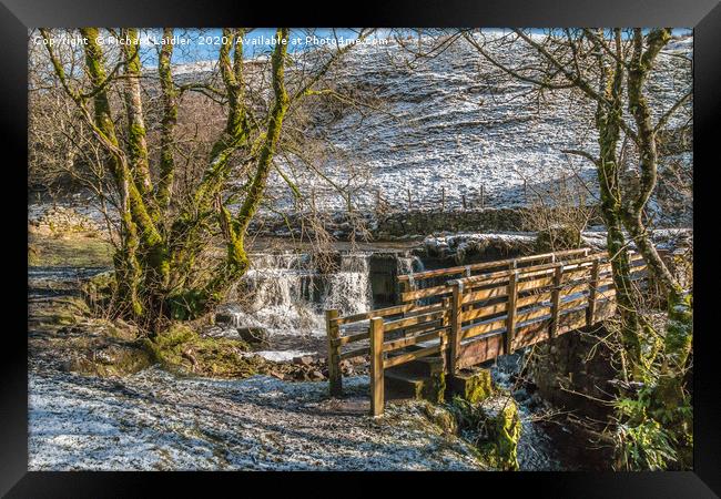 Ettersgill Beck Waterfall and Footbridge in Winter Framed Print by Richard Laidler