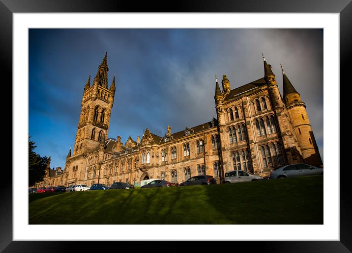 Glasgow University in evening light on blue sky. Framed Mounted Print by Alexey Rezvykh