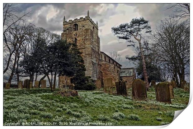 "Snow drops and storm clouds at St.Laurences Churc Print by ROS RIDLEY