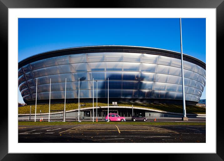 Glasgow cityscape. SSE Hydro and a pink car. Framed Mounted Print by Alexey Rezvykh