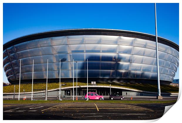 Glasgow cityscape. SSE Hydro and a pink car. Print by Alexey Rezvykh
