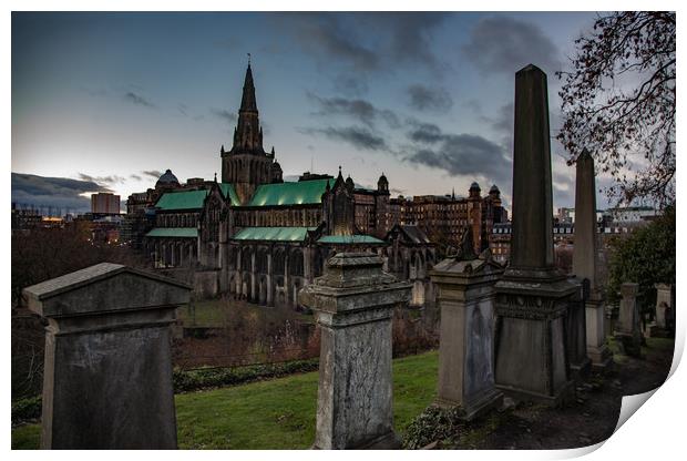 Glasgow Cathedral from the Necropolis at evening Print by Alexey Rezvykh