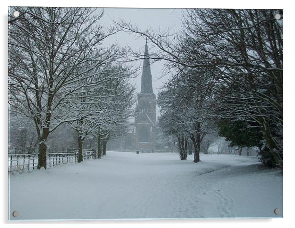 Wentworth Snowy Church Acrylic by J Biggadike