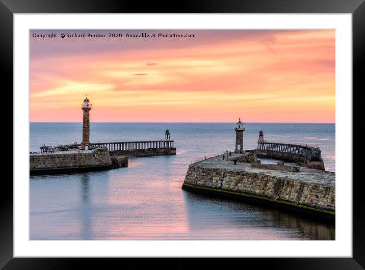 Whitby pier at sunset Framed Mounted Print by Richard Burdon