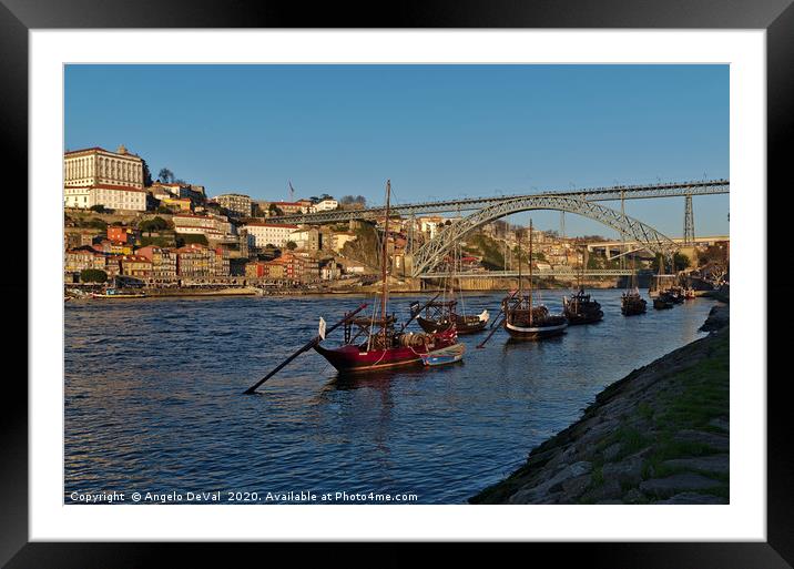View of Douro river and boats in Porto Framed Mounted Print by Angelo DeVal