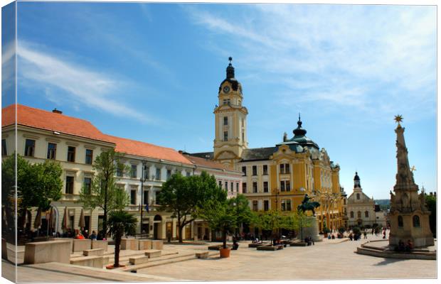 Cityscape on main city Square of Pecs - Hungary. P Canvas Print by M. J. Photography