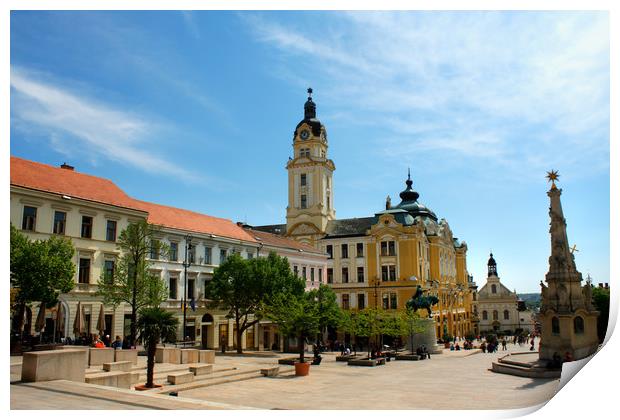 Cityscape on main city Square of Pecs - Hungary. P Print by M. J. Photography