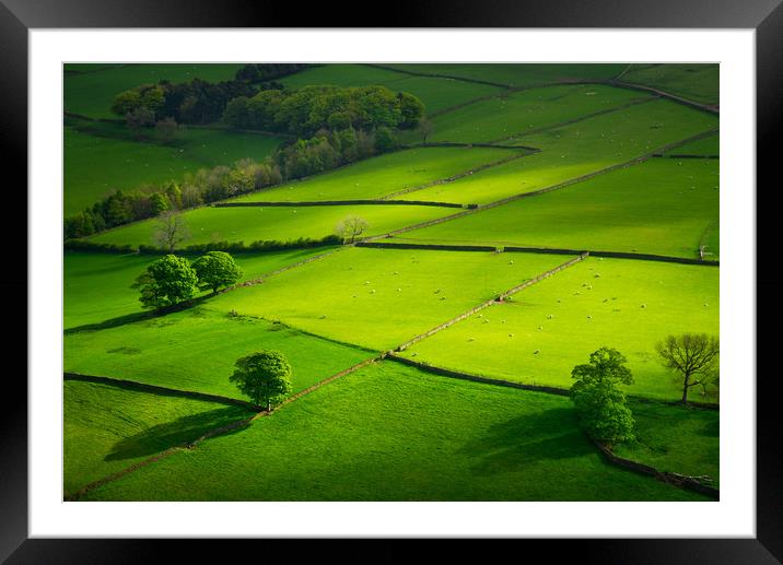 Green fields at Hayfield, Derbyshire Framed Mounted Print by Andrew Kearton