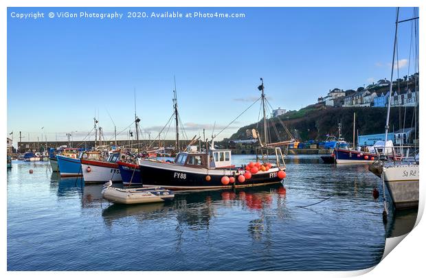 Reflections of fishing boats on Mevagissey Harbour Print by Gordon Maclaren