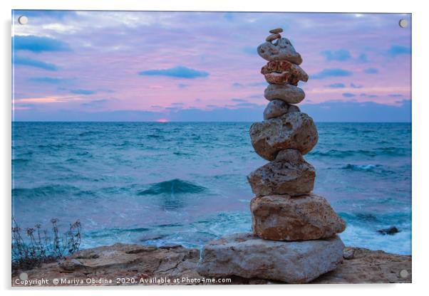 The object of the stones on the beach at sunset.  Acrylic by Mariya Obidina