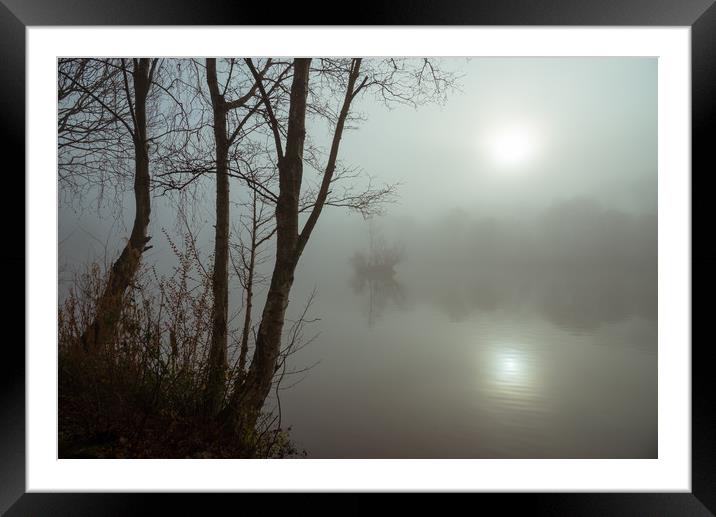 Misty autumn morning by the lake Framed Mounted Print by Andrew Kearton