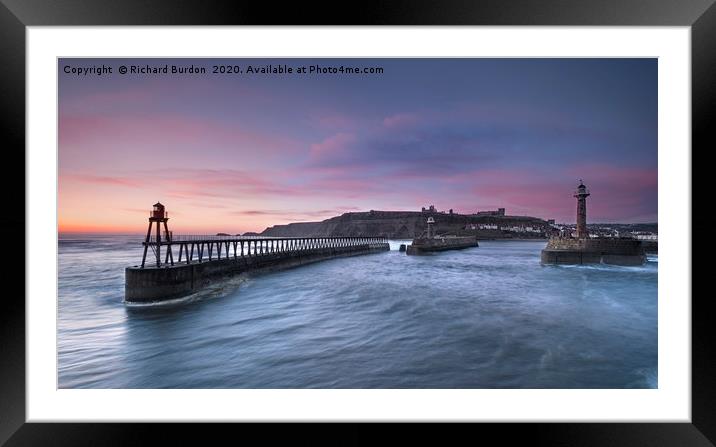 Sunrise Over Whitby Piers Framed Mounted Print by Richard Burdon