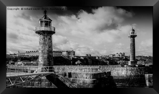 Illuminating Whitby Harbour Framed Print by richard sayer