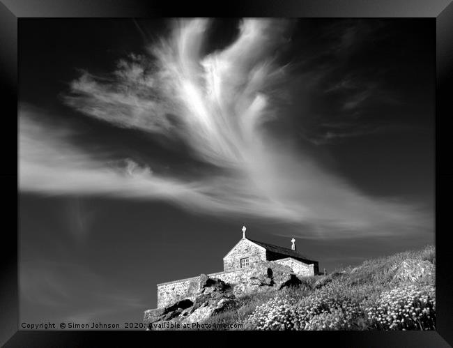Church and angel shaped cloud Framed Print by Simon Johnson