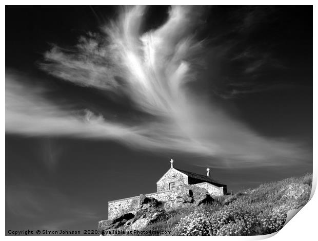 Church and angel shaped cloud Print by Simon Johnson