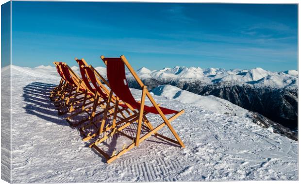 Deckchairs in the Snow in Norway Canvas Print by Wendy Williams CPAGB