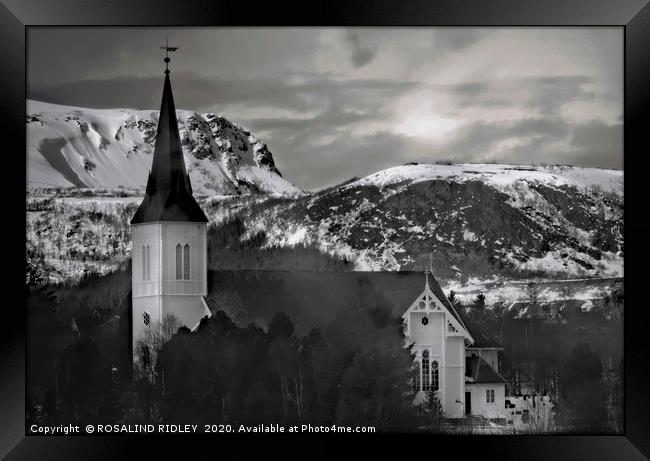 "Misty Sortland Kirke" Framed Print by ROS RIDLEY