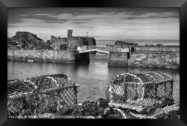 Black and white Lobster posts at Dunbar Castle Framed Print by Angela Wallace
