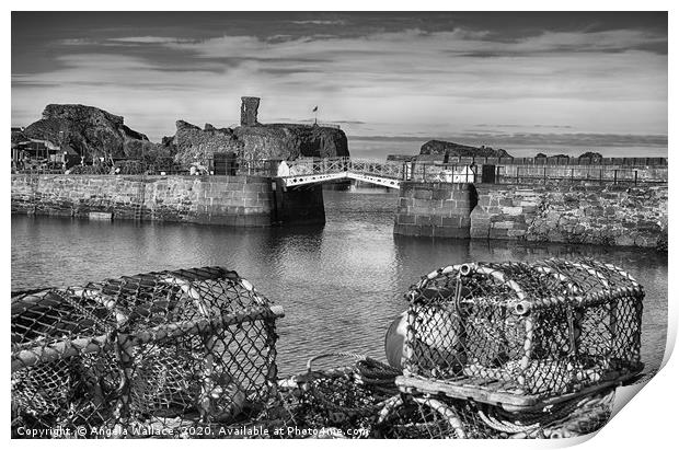 Black and white Lobster posts at Dunbar Castle Print by Angela Wallace
