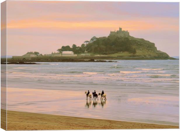 Horses on the beach. St Michael’s Mount  Canvas Print by Beryl Curran