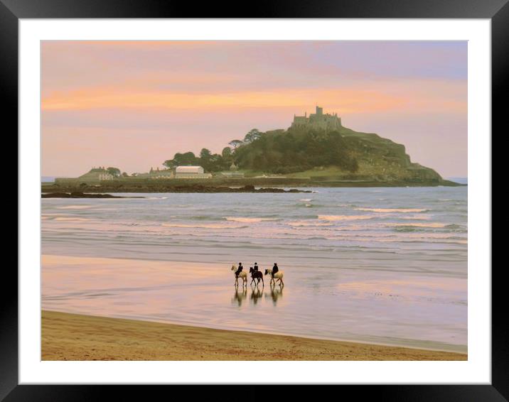 Horses on the beach. St Michael’s Mount  Framed Mounted Print by Beryl Curran