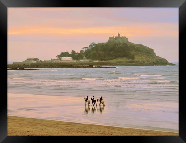 Horses on the beach. St Michael’s Mount  Framed Print by Beryl Curran
