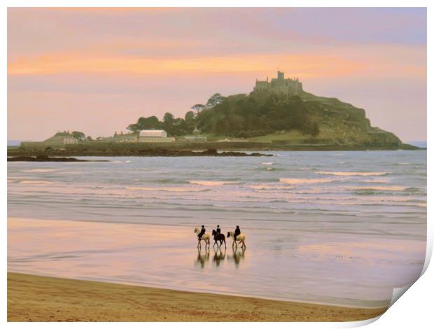 Horses on the beach. St Michael’s Mount  Print by Beryl Curran