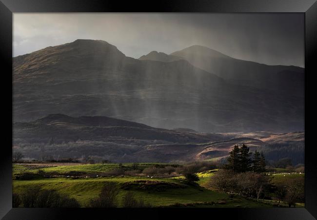Rain shower over the Moelwyn range Framed Print by Rory Trappe