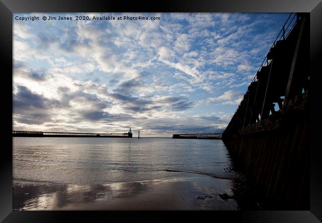 Calm morning at the mouth of the River Blyth Framed Print by Jim Jones