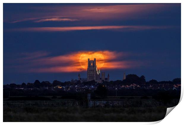 Harvest Moon rising behind Ely Cathedral Print by Andrew Sharpe